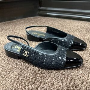 Chanel Black Sequin Tweed Slingback Shoes